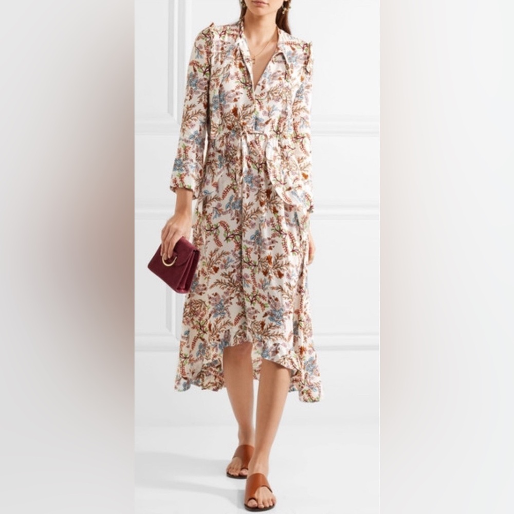 Maje Cream Floral High-Low Midi Dress with Blue & Brown Accents US 3 / M-L
